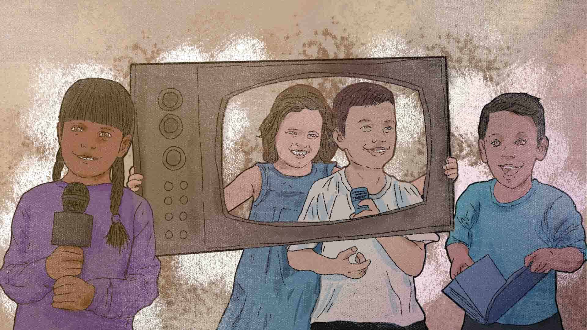 NIños jugando a ser reporteros de televisión | Ilustraciones: Robert Dugarte