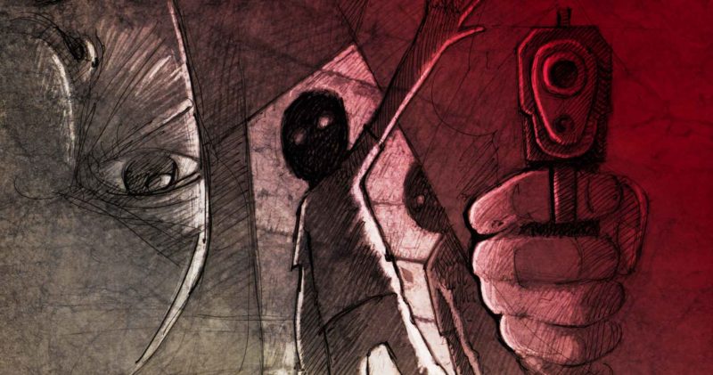 Mano apuntando un arma, hombre encapuchado y un rostro - Ilustración Walther Sorg